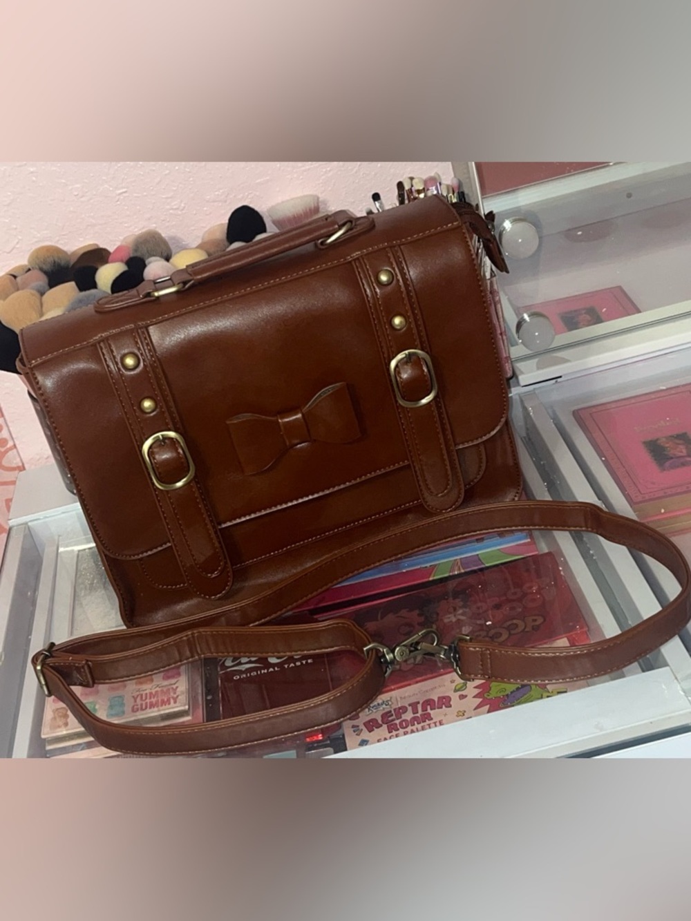 Brown Bow Satchel Crossbody Bag